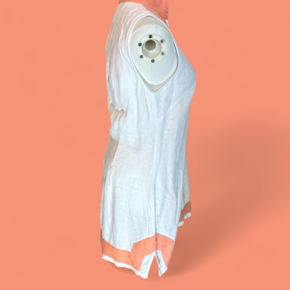 Sail to sable size Small white linen with‎ coral trim V-neck tunic/mini dress - Picture 2 of 12